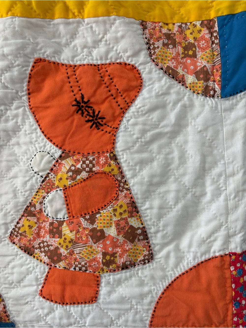 Vintage Quilt Sun Bonnet Sue Design, 83 x 137 inches. Yellow Blue Orange Green